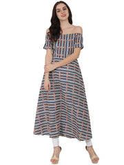 Multi printed off shoulder half sleeve cotton A-line kurta