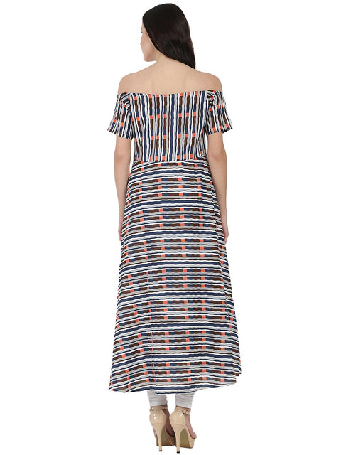 Multi printed off shoulder half sleeve cotton A-line kurta