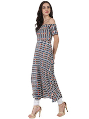 Multi printed off shoulder half sleeve cotton A-line kurta