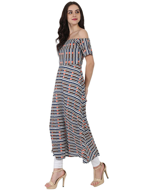 Multi printed off shoulder half sleeve cotton A-line kurta