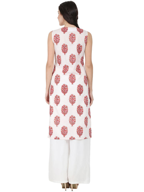 Off white printed sleeveless cotton kurta