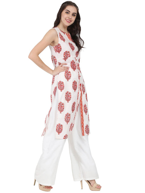 Off white printed sleeveless cotton kurta