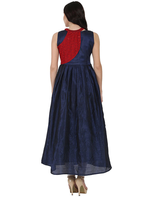 Blue sleeveless Poly dupion long anarkali kurta with yoke design