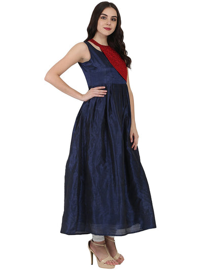 Blue sleeveless Poly dupion long anarkali kurta with yoke design