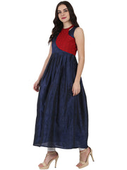 Blue sleeveless Poly dupion long anarkali kurta with yoke design