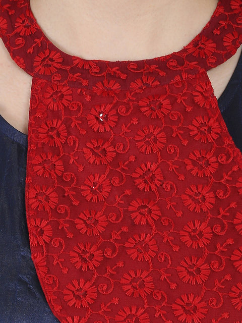 Blue sleeveless Poly dupion long anarkali kurta with yoke design