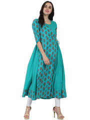Blue printed 3/4th sleeve cotton Angrakha style kurta