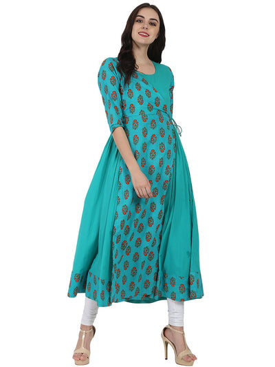 Blue printed 3/4th sleeve cotton Angrakha style kurta