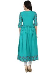 Blue printed 3/4th sleeve cotton Angrakha style kurta