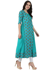 Blue printed 3/4th sleeve cotton Angrakha style kurta