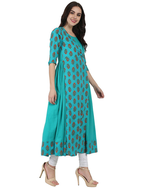 Blue printed 3/4th sleeve cotton Angrakha style kurta