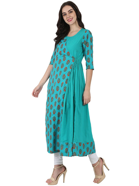 Blue printed 3/4th sleeve cotton Angrakha style kurta