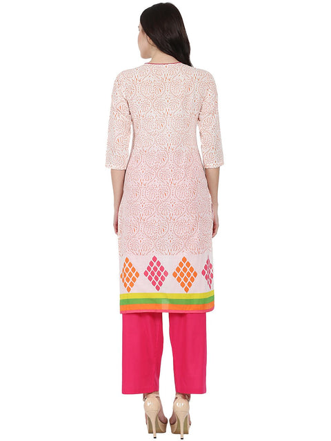 Off White printed 3/4th sleeve cotton kurta with pink palazzo