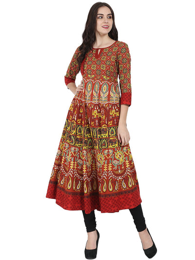 Rust brown printed 3/4th sleeve Cotton Anarkali kurta