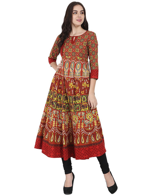 Rust brown printed 3/4th sleeve Cotton Anarkali kurta