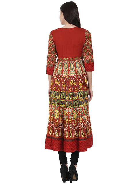 Rust brown printed 3/4th sleeve Cotton Anarkali kurta