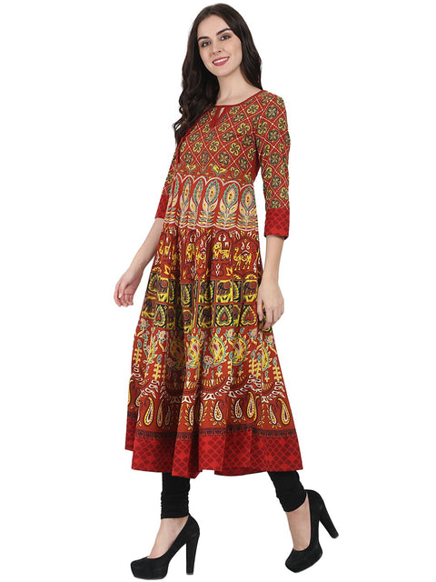 Rust brown printed 3/4th sleeve Cotton Anarkali kurta