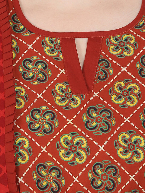 Rust brown printed 3/4th sleeve Cotton Anarkali kurta