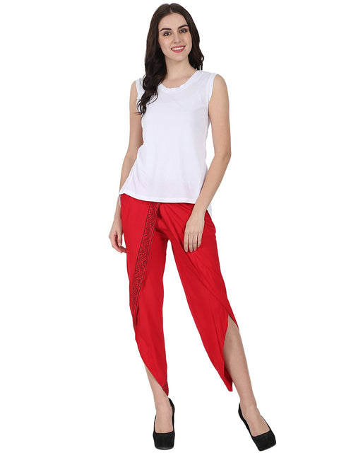 Red ankle length rayon block printed Dhoti