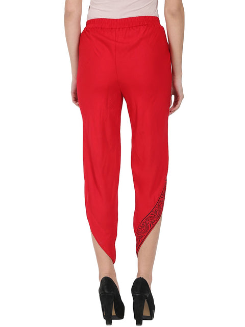 Red ankle length rayon block printed Dhoti