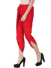 Red ankle length rayon block printed Dhoti