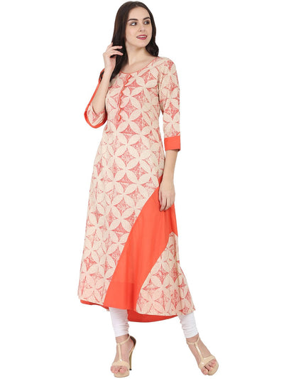 White & Peach printed 3/4th sleeve A-line kurta