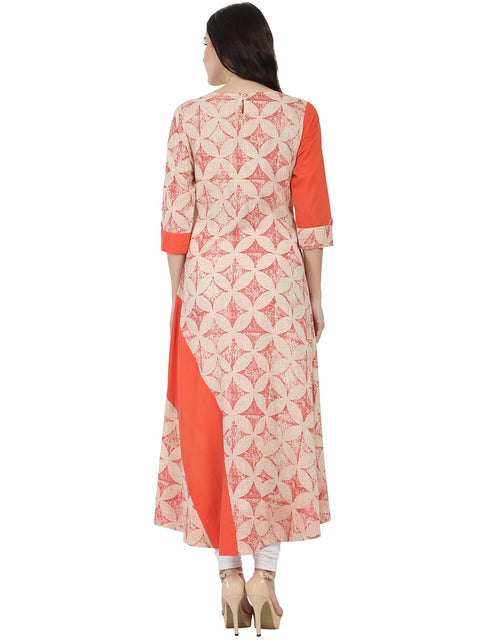 White & Peach printed 3/4th sleeve A-line kurta