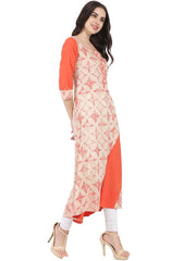 White & Peach printed 3/4th sleeve A-line kurta