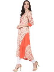 White & Peach printed 3/4th sleeve A-line kurta