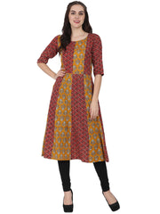 Yellow & Maroon printed 3/4th sleeve cotton A-line kurta