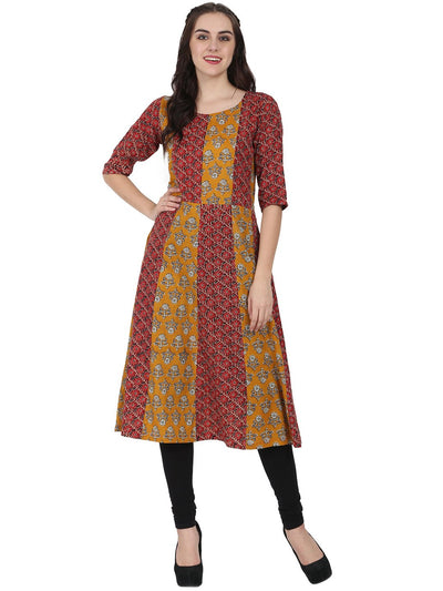 Yellow & Maroon printed 3/4th sleeve cotton A-line kurta