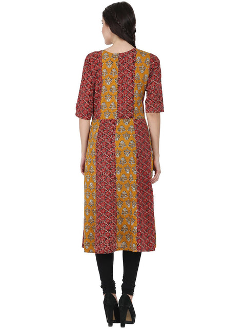 Yellow & Maroon printed 3/4th sleeve cotton A-line kurta