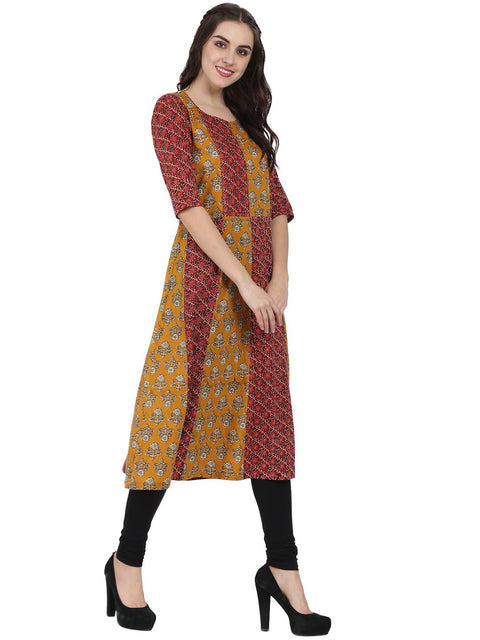 Yellow & Maroon printed 3/4th sleeve cotton A-line kurta