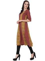 Yellow & Maroon printed 3/4th sleeve cotton A-line kurta