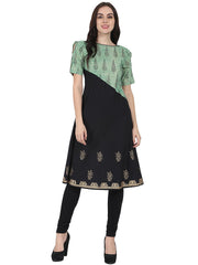 Black & Green half sleeve cotton block printed kurta