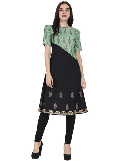 Black & Green half sleeve cotton block printed kurta