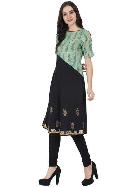 Black & Green half sleeve cotton block printed kurta