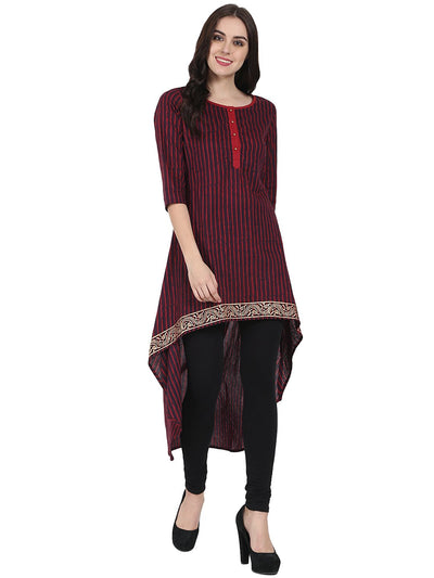 Maroon & Blue 3/4th sleeve block printed low high kurta