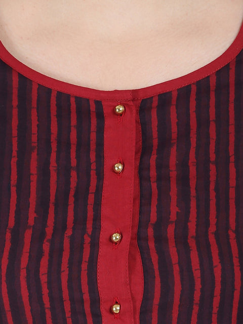 Maroon & Blue 3/4th sleeve block printed low high kurta