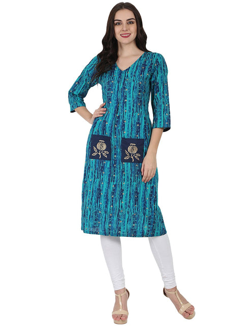 Blue printed 3/4th sleeve cotton Kurta with double pocket