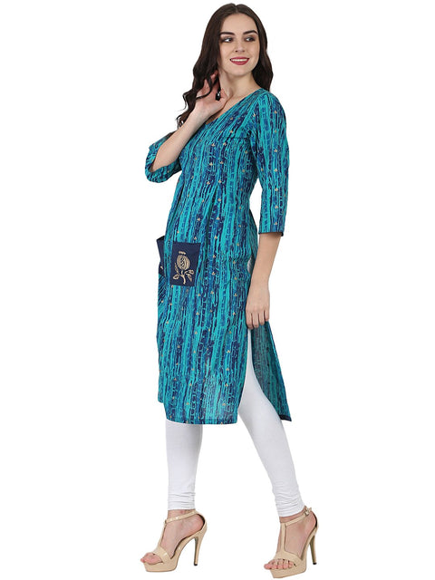 Blue printed 3/4th sleeve cotton Kurta with double pocket