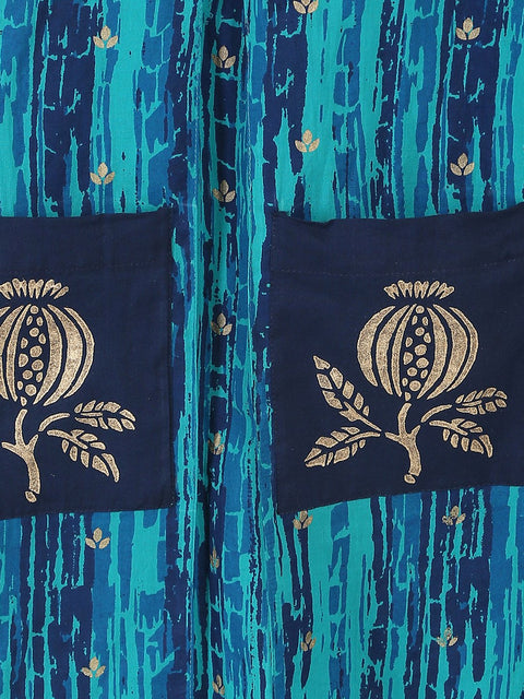 Blue printed 3/4th sleeve cotton Kurta with double pocket