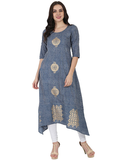 Blue 3/4th sleeve block printed A-line kurta