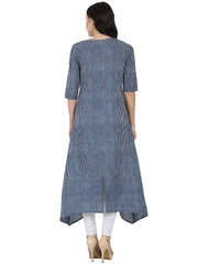 Blue 3/4th sleeve block printed A-line kurta