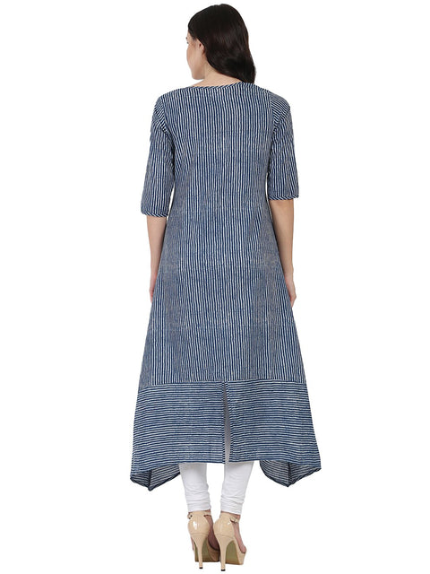 Blue 3/4th sleeve block printed A-line kurta