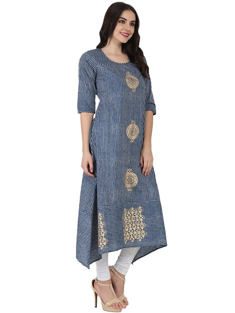 Blue 3/4th sleeve block printed A-line kurta