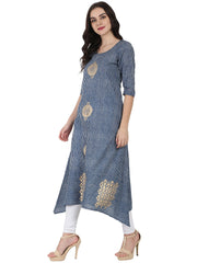 Blue 3/4th sleeve block printed A-line kurta