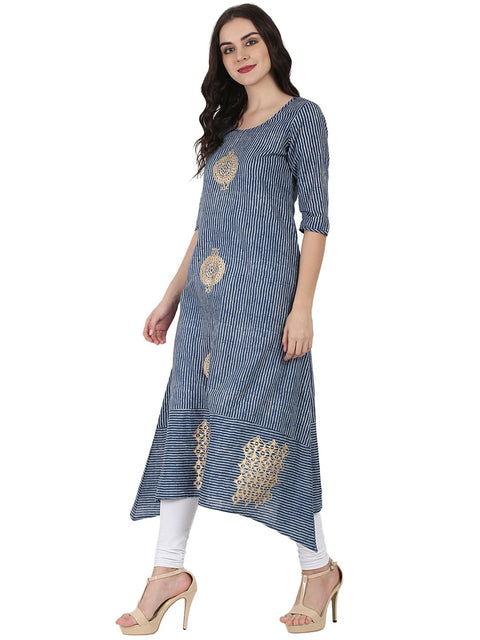 Blue 3/4th sleeve block printed A-line kurta