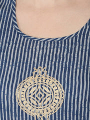 Blue 3/4th sleeve block printed A-line kurta