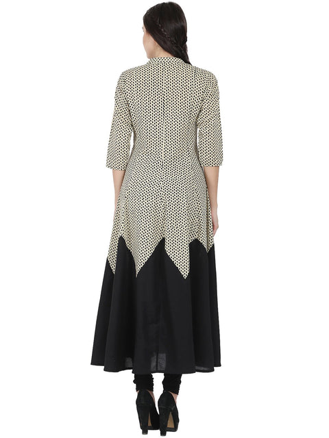 Off white & Black 3/4th sleeve cotton A-line kurta